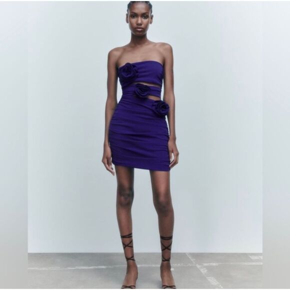 New! ZARA Cutout 3D Rosette Floral Ruched Mini Dress, XXL (US 14) - Picture 1 of 16